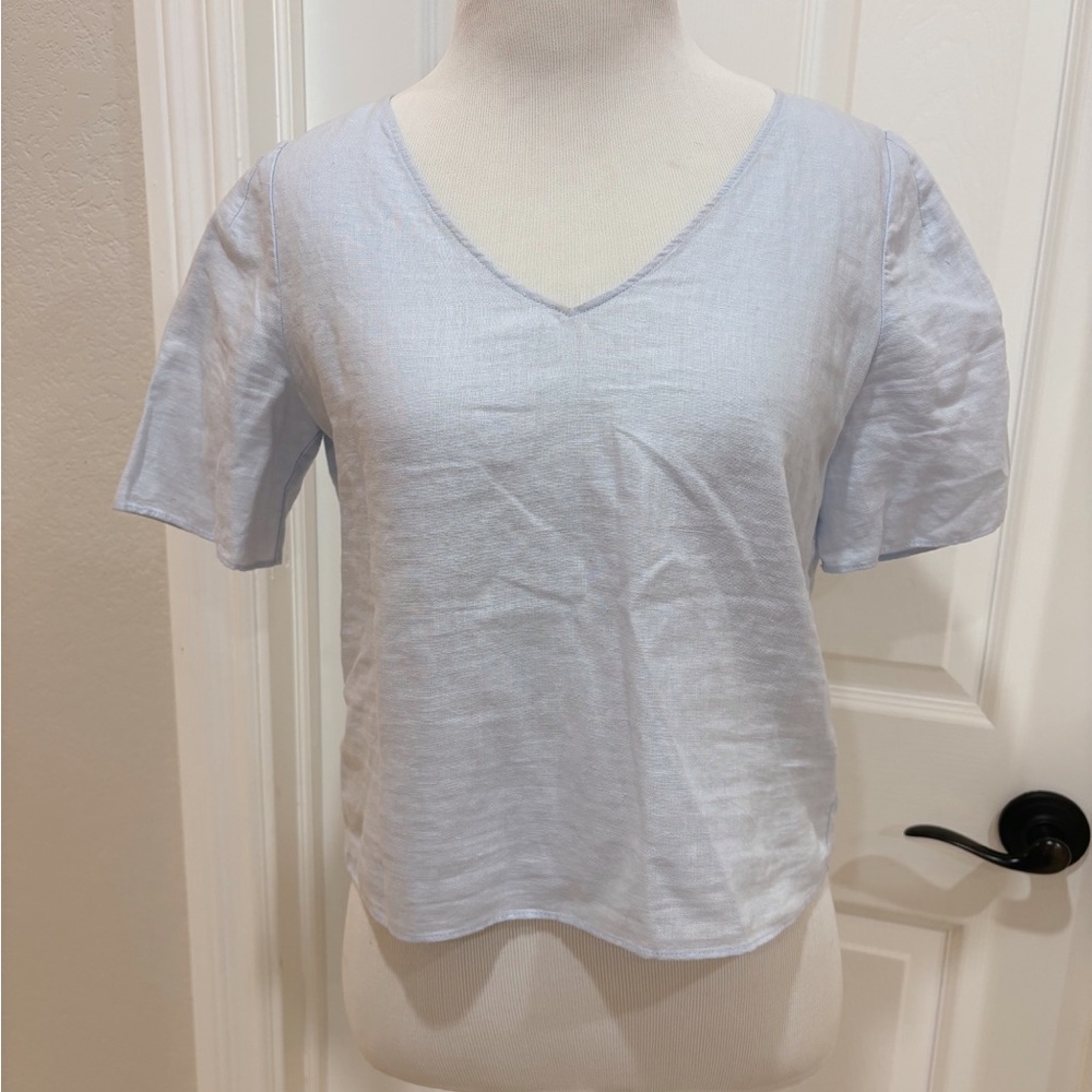 Aritzia Babaton Light Blue Linen Cotton Blend V-Neck Women’s Top XXS